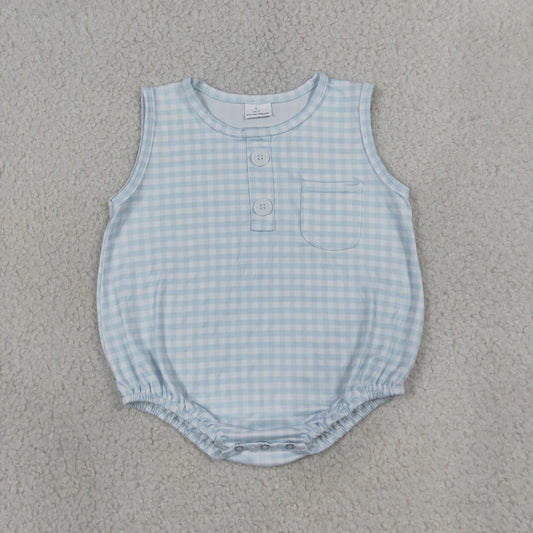 Baby Boy Infant Sleeveless Light Blue Plaid Pocket Summer Bubble Romper