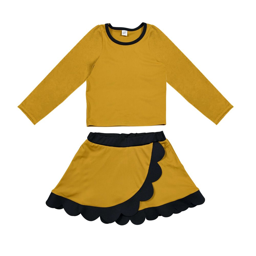 Moq 5 Preorder Baby Girls Kids Gold Shirt Scalloped Skirt Shorts Set Yoga Active Clothes