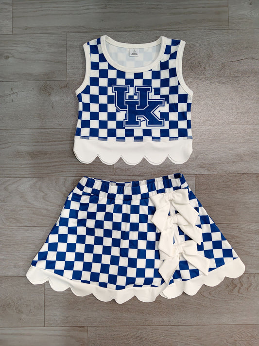 No moq Preorder Baby Girls Kids Blue Checked Shirt Scallop Bows Skirt Shorts Team Set Yoga Active Clothes