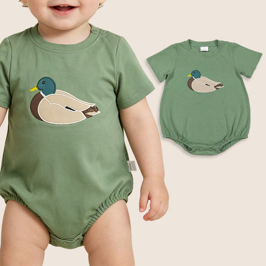 Baby Boys Kids Short Sleeves Embroidery Duck Green Bubble Romper