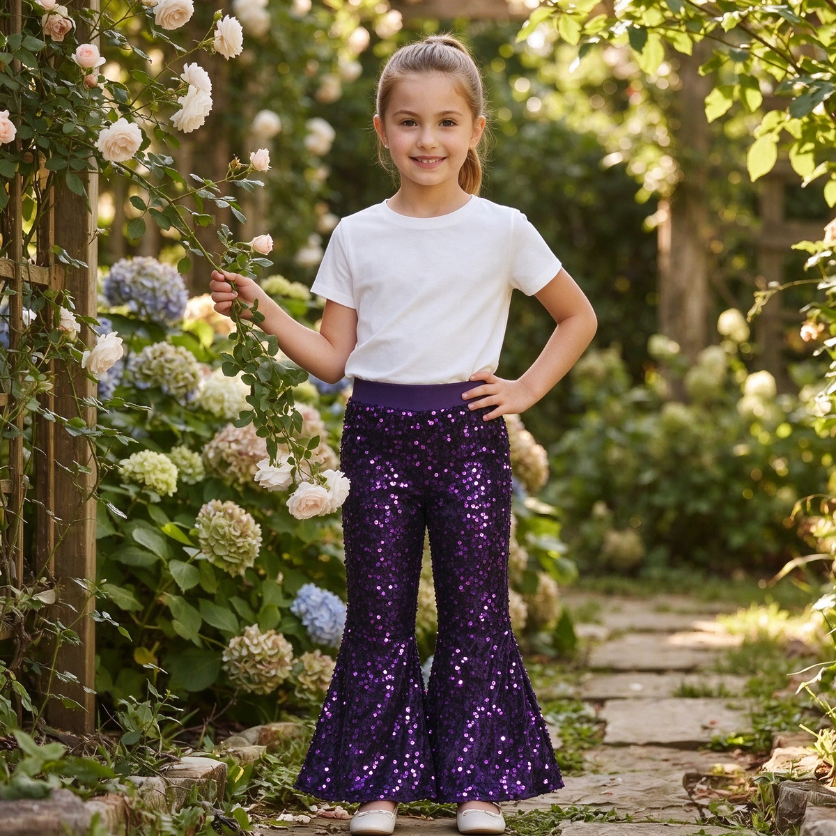 Baby Girls Kids Purple Glitter Sequins With Lining Bell Pants RTS
