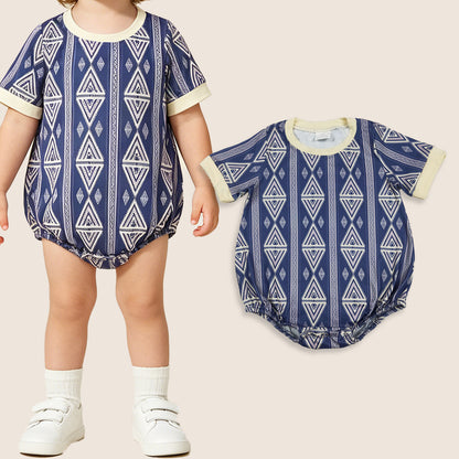 Baby Boys Kids Short Sleeves Western Aztec Stripes Bubble Romper