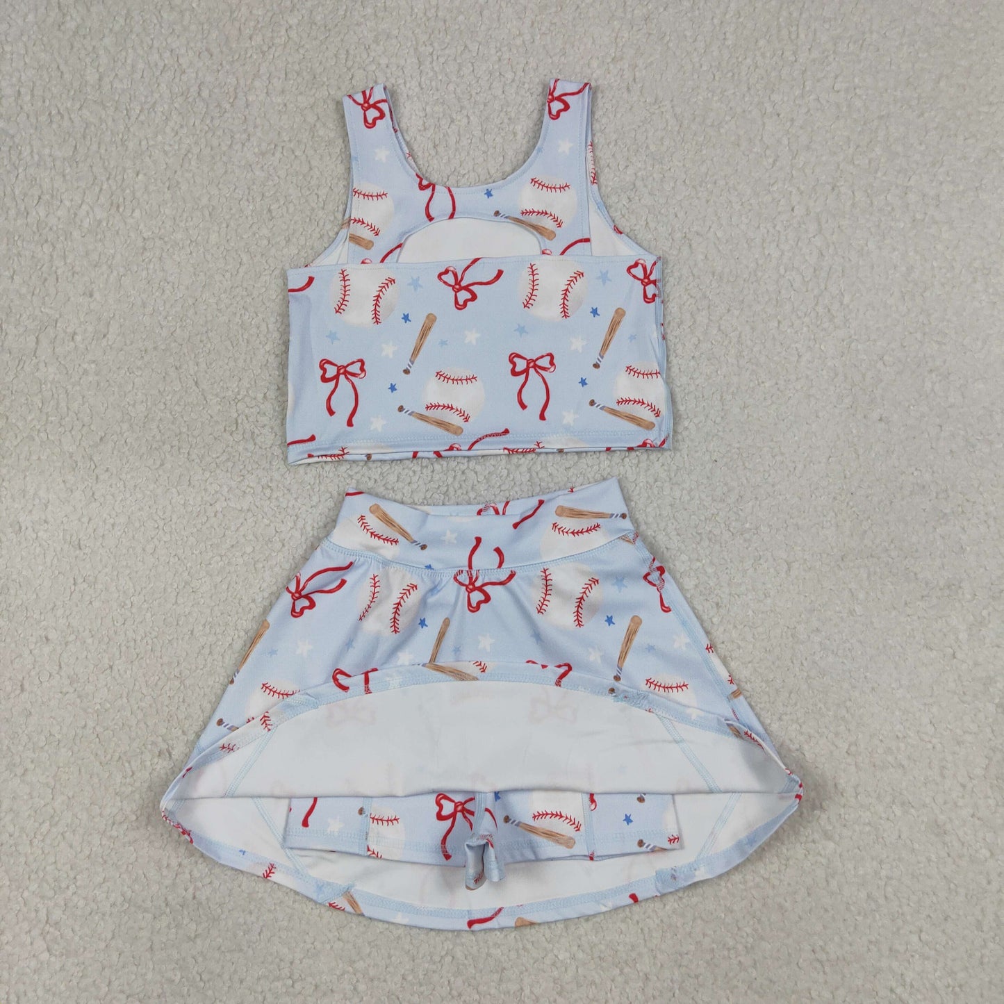 Baby Girls Kids Baseball Bows Tops Blue Skirt Shorts Yoga Summer Set