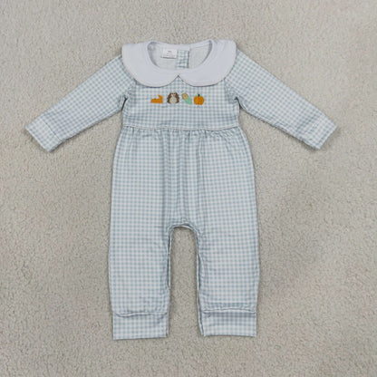 Baby Boy Infant Embroidery turkey Pumpkin Plaid Romper Fall Clothes