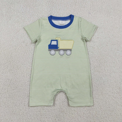 RTS Sibling Baby Boys Kids Short Sleeves Embroidery Truck Stripes Shirt Blue Shorts Set Romper