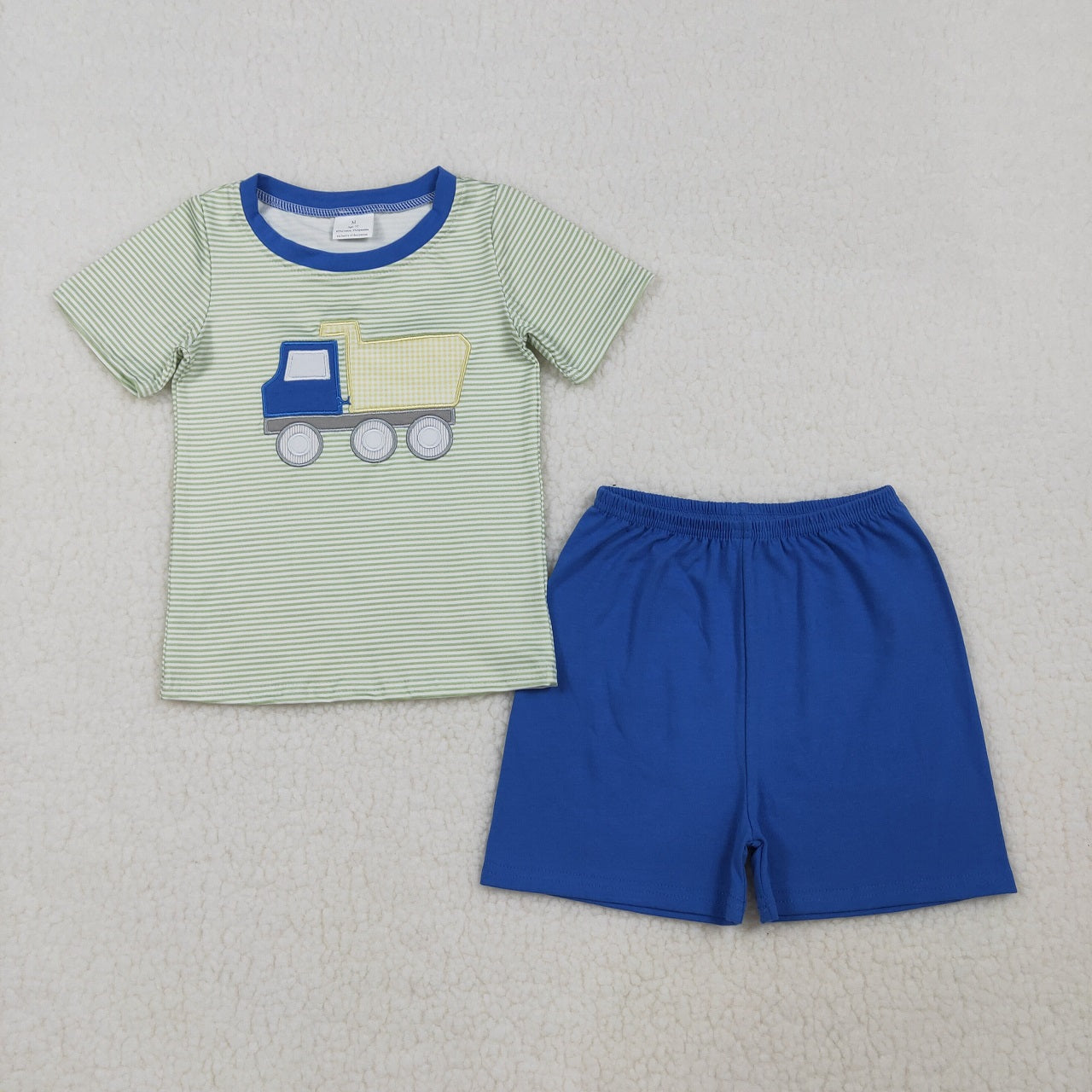 RTS Sibling Baby Boys Kids Short Sleeves Embroidery Truck Stripes Shirt Blue Shorts Set Romper