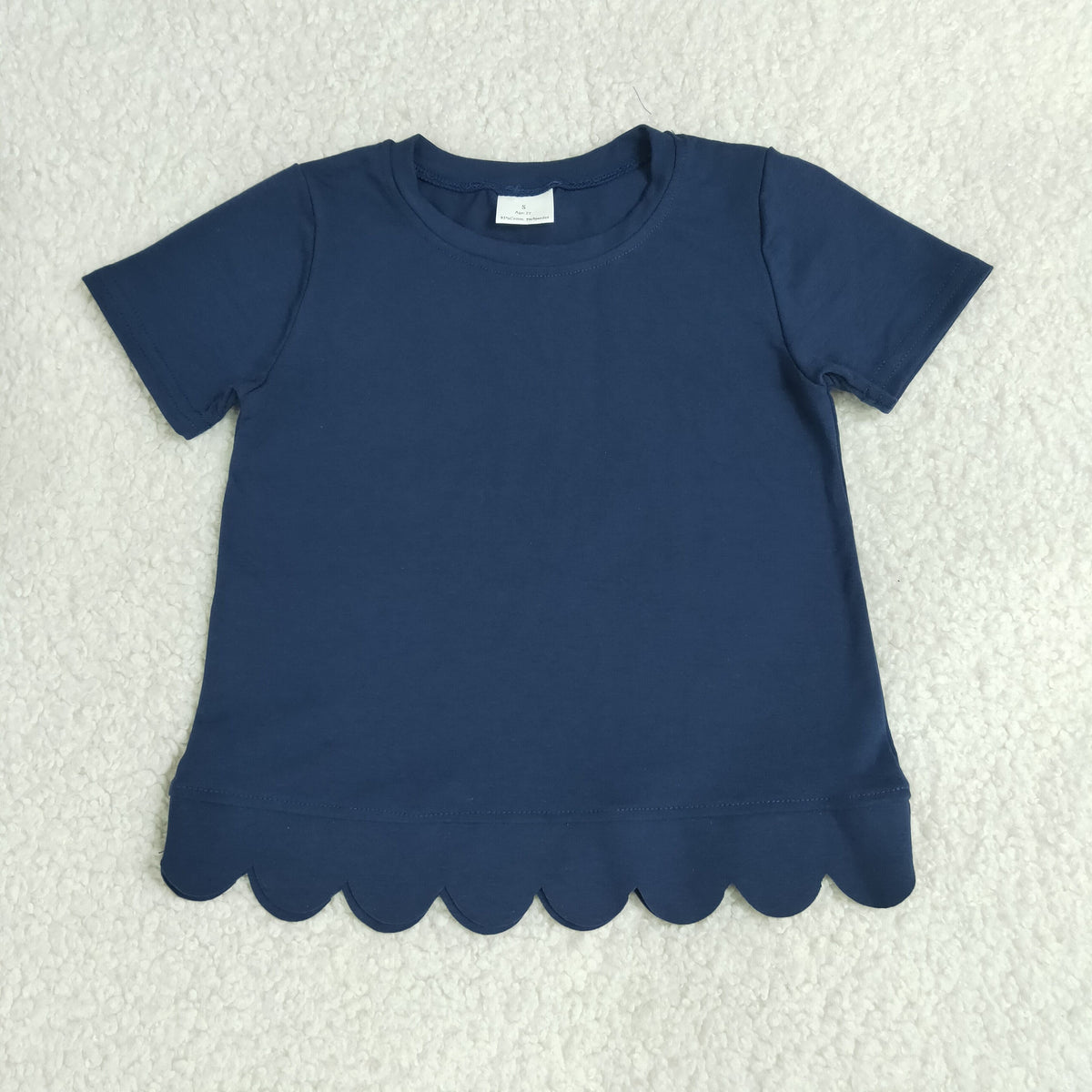 Baby Girls Kids Short Sleeves Scalloped Navy Shirt Tops Cotton Clothes