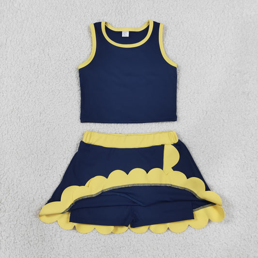 Baby Girls Kids Sleeveless Navy Shirt Scallop Skirt Shorts Yoga Active Set Clothes
