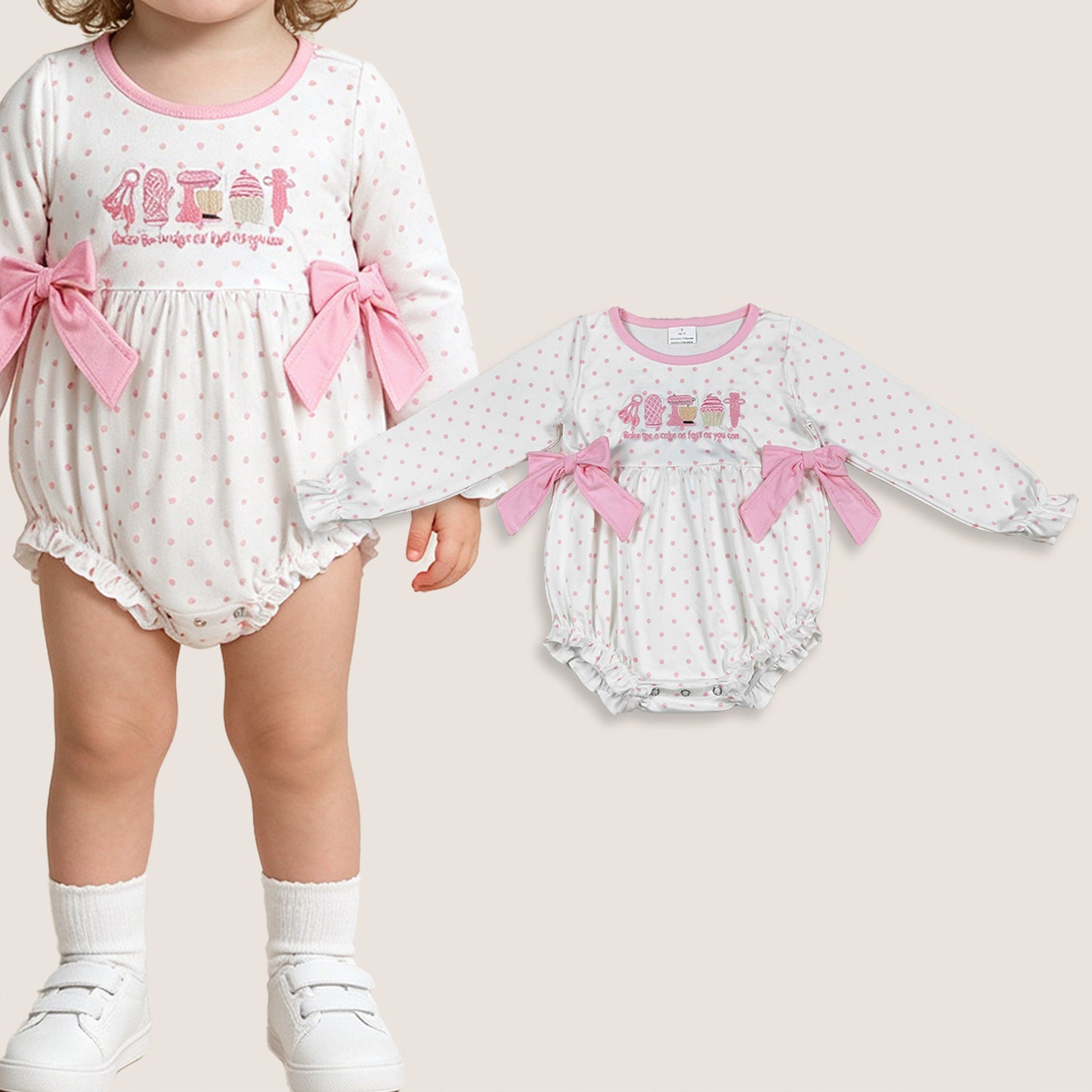 Baby Girls Infant Long Sleeves Embroidery Pink Bows Dots Bubble Romper