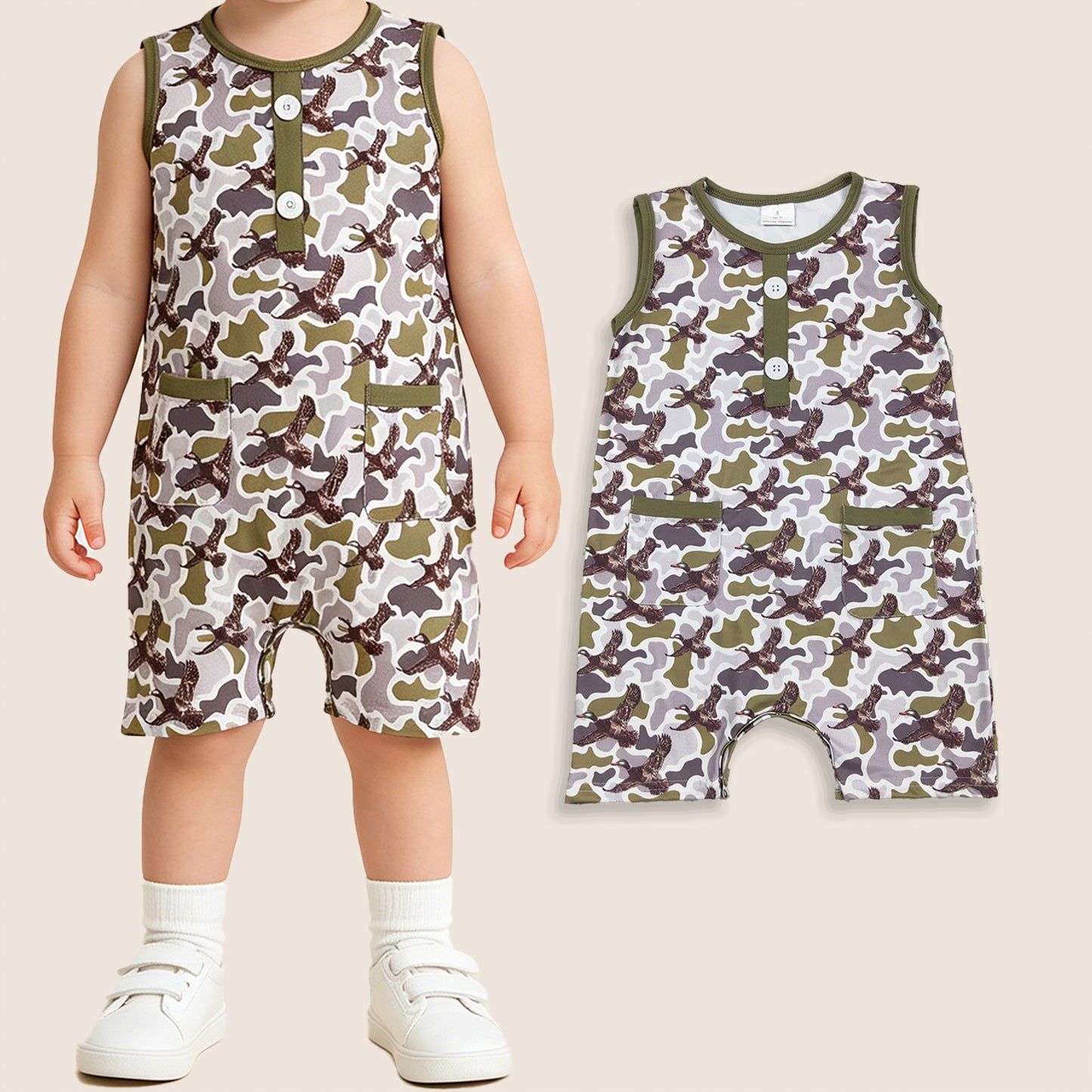 Baby Boys Kids Sleeveless Ducks Camo Hunting Buttons Romper