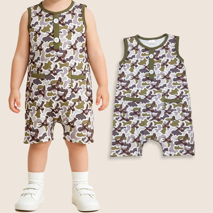 Baby Boys Kids Sleeveless Ducks Camo Hunting Buttons Romper