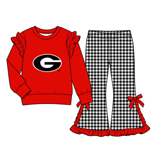 Moq 5 Custom Baby Girls Kids Ruffle Long Sleeves Red Shirt Plaid Bows Pants Team Set Clothes
