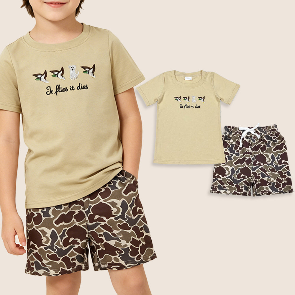 RTS Baby Boys Short Sleeves Embroidery Dogs Ducks Shirt Camo Shorts Clothes Set