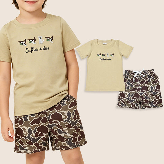 RTS Baby Boys Short Sleeves Embroidery Dogs Ducks Shirt Camo Shorts Clothes Set