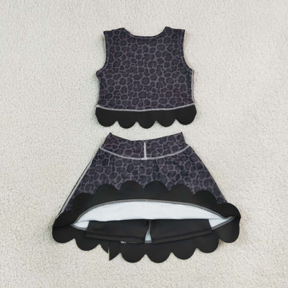 Baby Girls Kids Black Leopard Vest Bows Scallop Bows Skirt Shorts Yoga Active Set Clothes