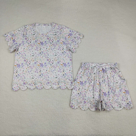 Sibling Baby Girls Adult Women Short Sleeves Purple Flower Shirts Shorts Scallop Sets Summer Clothes