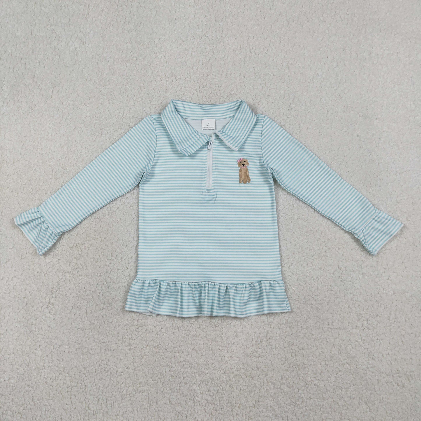 RTS Baby Girls Long Sleeves Embroidery Dog Green Stripes Zipper Pullover Shirt