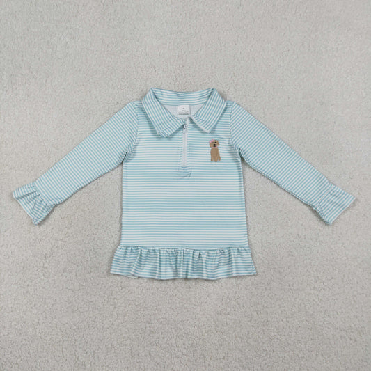 RTS Baby Girls Long Sleeves Embroidery Dog Green Stripes Zipper Pullover Shirt
