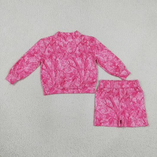 Baby Girls Kids Pink Long Sleeves Leaves Shirt Pockets Shorts Camo Set Mock Neck Clothes RTS