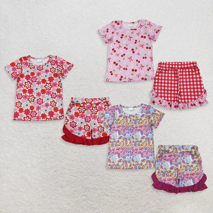 Sibling Baby Girls Kids Short Sleeves Flower Bows Tigers Shirts Ruffle Shorts Sets Summer Clothes