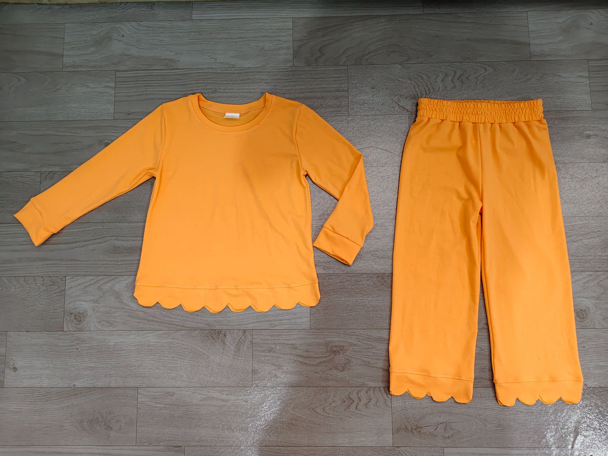 No moq Preorder Baby Girls Kids Long Sleeves Shirt Pants Set Pajamas Scallop Orange Clothes