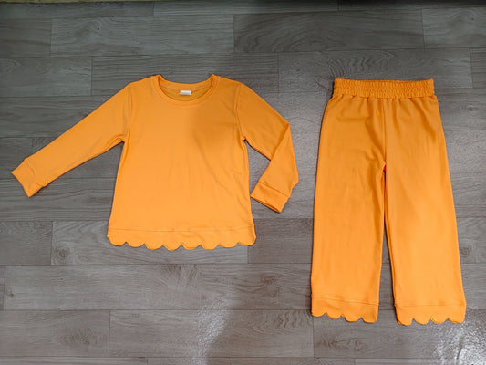 No moq Preorder Baby Girls Kids Long Sleeves Shirt Pants Set Pajamas Scallop Orange Clothes