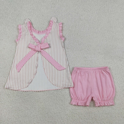RTS Baby Girls KIds Embroidery Rabbits Bows Stripes Tops Pink Shorts Easter Set