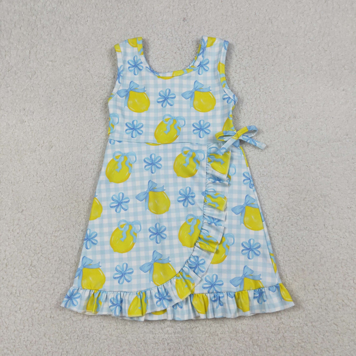 RTS Baby Girls Kids Sleeveless Lemons Bows Blue Plaid Yoga Active Shorts Knee Length Dress