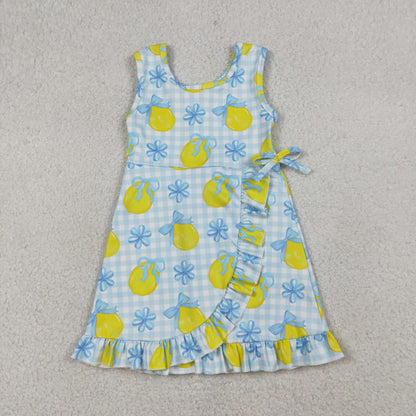 RTS Baby Girls Kids Sleeveless Lemons Bows Blue Plaid Yoga Active Shorts Knee Length Dress