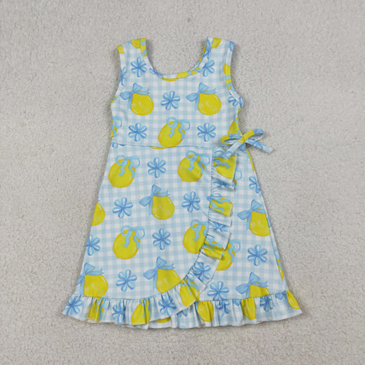 RTS Baby Girls Kids Sleeveless Lemons Bows Blue Plaid Yoga Active Shorts Knee Length Dress