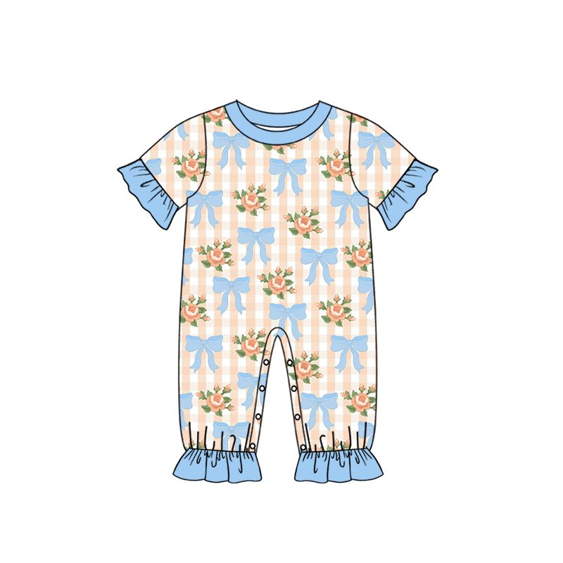 Moq 5 Preorder Baby Girls Kids Short Sleeves Flower Bows Plaid Romper Clothes