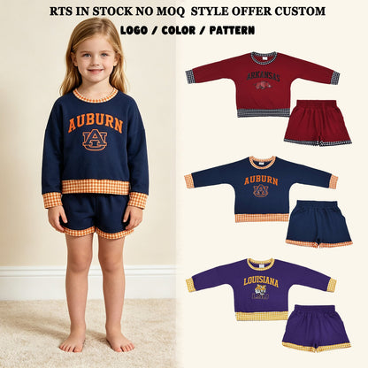 Sibling Baby Girls Kids Long Sleeves Shirts Pockets Shorts Cotton Sets Team Clothes