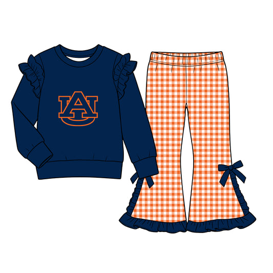 Moq 5 Custom Baby Girls Kids Ruffle Long Sleeves Navy Shirt Plaid Bows Pants Team Set Clothes