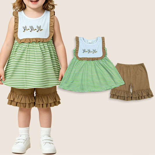 Baby Girls Kids Embroidery Ducks Green Stripes Tunic Ruffle Shorts Set