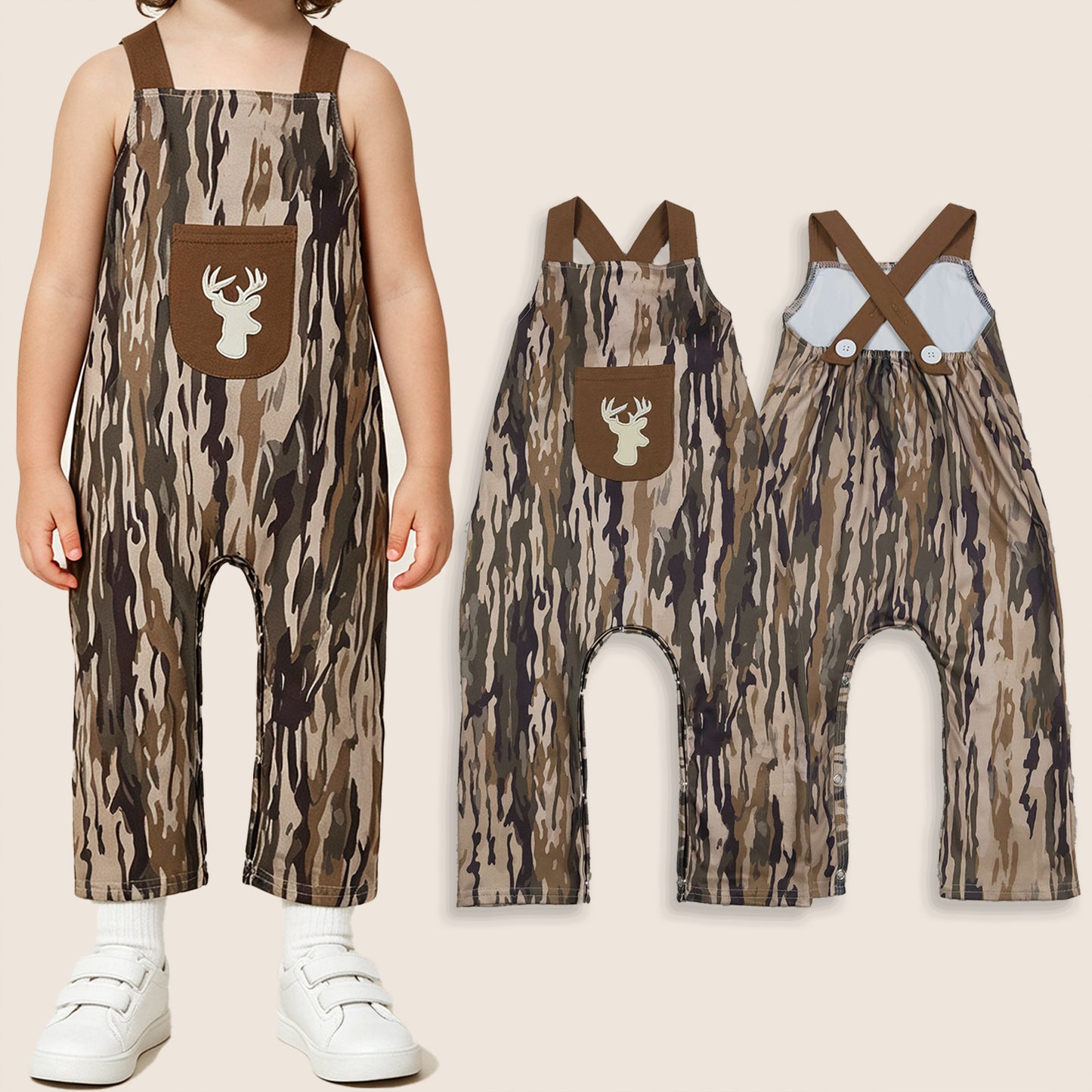 Baby Boys Kids Brown Sleeveless Embroidery Deer Camo  Romper