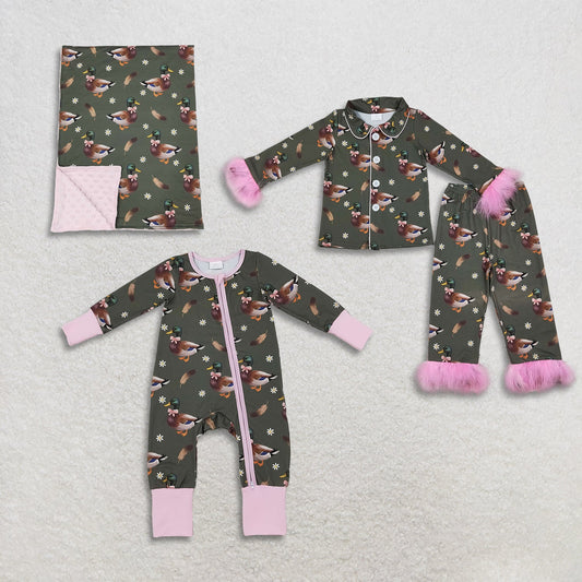 Sibling Baby Girls Kids Long Sleeves Ducks Flower Romper Set Blanket Clothes