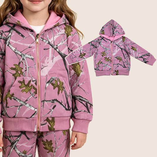 RTS Baby Girls Long Sleeves Southern Leaves Camo Zipper Pockets Pink Hoodie Jackets Coat