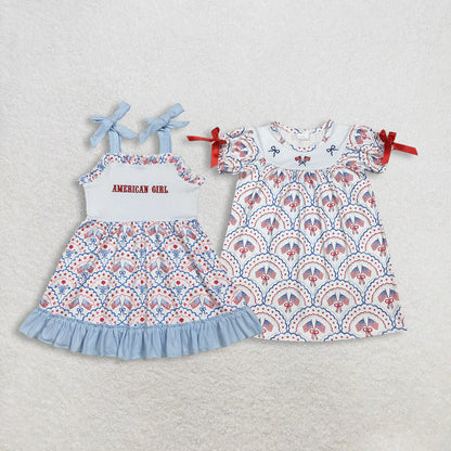 RTS Sibling Baby Girls Kids Flags Bows Stars 4th of July Knee Length Dresses Embroidery Clothes