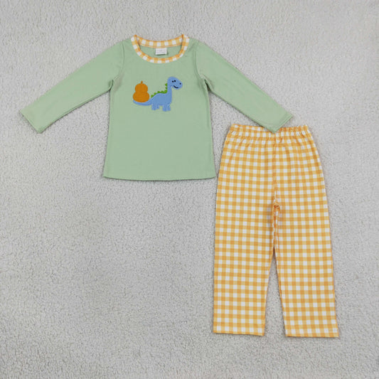 Baby Boy Kids Embroidery Pumpkins Dinosaur Shirt Plaid Pants Thanksgiving Set Clothes