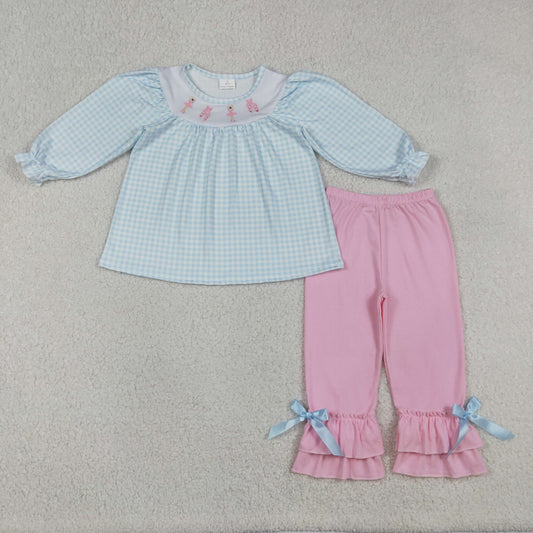 Baby Girls Kids Long Sleeves Embroidery Dance Plaid Tunic Bows Pants Clothes Set