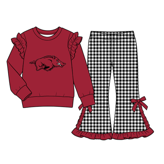 Moq 5 Custom Baby Girls Kids Ruffle Long Sleeves Pig Shirt Plaid Bows Pants Team Set Clothes