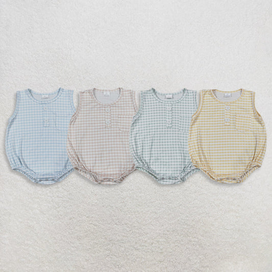Sibling Baby Boy Infant Sleeveless Plaid Pockets Summer Bubble Rompers Clothes