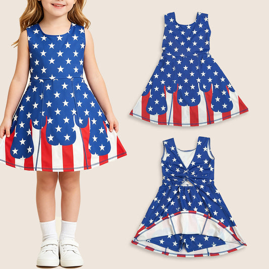 Baby Girls Kids Sleeveless Stars Stripes 4th of July Shorts Knee Length Dress