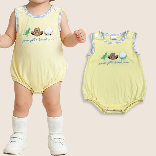 Baby Boys Kids Sleeveless Embroidery Hats Yellow Bubble Summer Romper