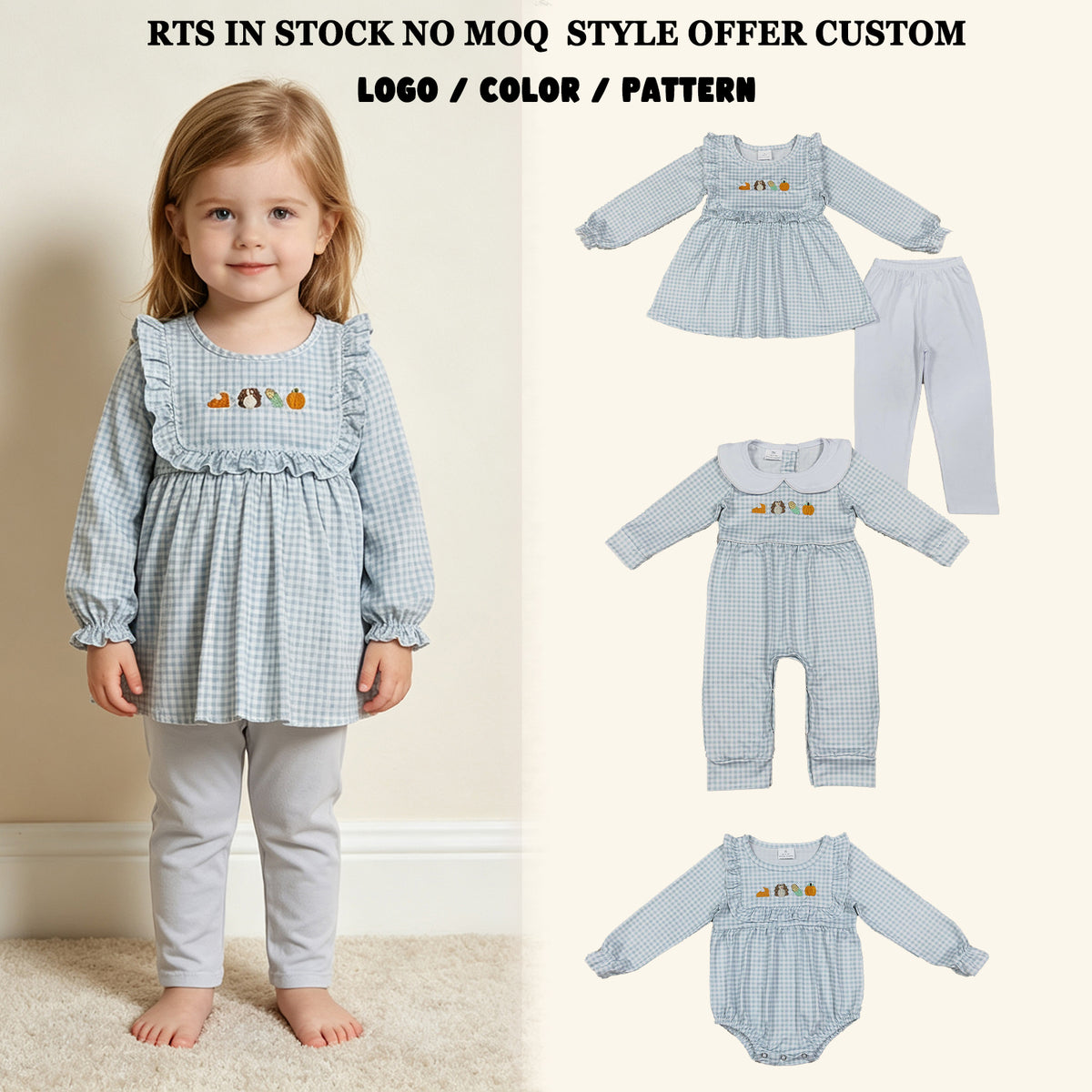 Sibling Baby Boys Toddler Baby Girls Infant Embroidery turkey Pumpkin Plaid Rompers Set Clothes