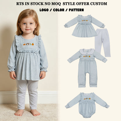 Sibling Baby Boys Toddler Baby Girls Infant Embroidery turkey Pumpkin Plaid Rompers Set Clothes