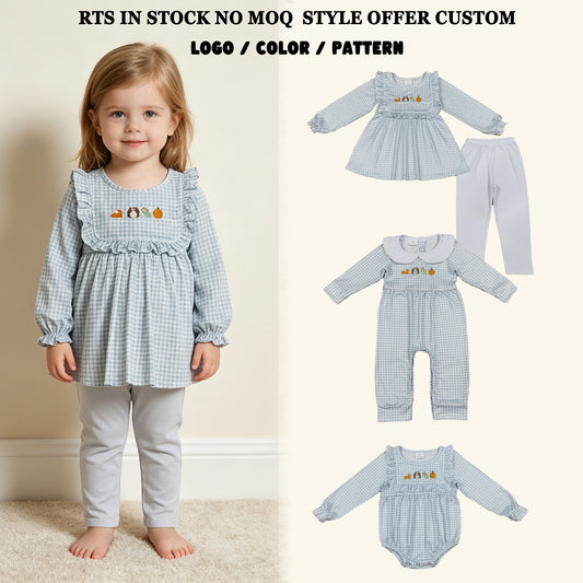 Sibling Baby Boys Toddler Baby Girls Infant Embroidery turkey Pumpkin Plaid Rompers Set Clothes