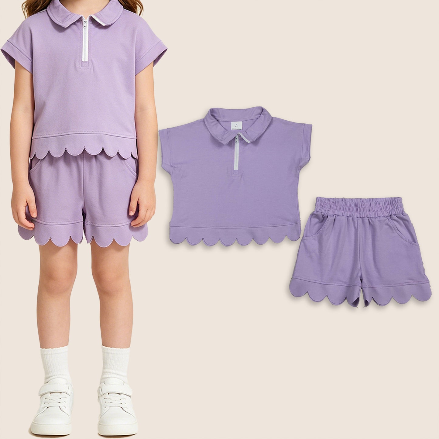 Baby Girls Kids Short Sleeves Zipper Shirt Scallop Shorts Cotton Purple Set