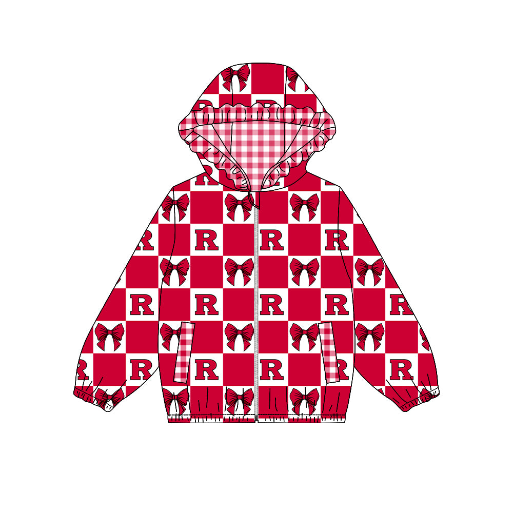 Moq 5 Custom Baby Girl Kids Pockets Zipper Hoodie Bows Team Jacket Coat Tops