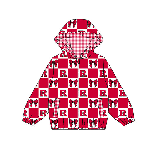 Moq 5 Custom Baby Girl Kids Pockets Zipper Hoodie Bows Team Jacket Coat Tops